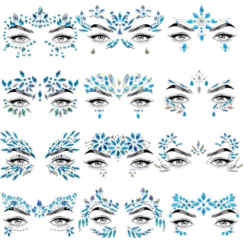 Allruyee 12 Sets Face Jewels Face Gems Mermaid Glitter Rhinestone Crystal Stickers Waterproof Eyes Face Temporary Tattoos for Party,Rave Festival,Carnival,Holiday Costumes,Rave Accessories,Makeup - Image 1